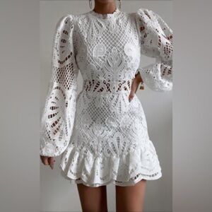Kiss Me Now White Lace Mini Dress | Long Puff Sleeves | Size 14